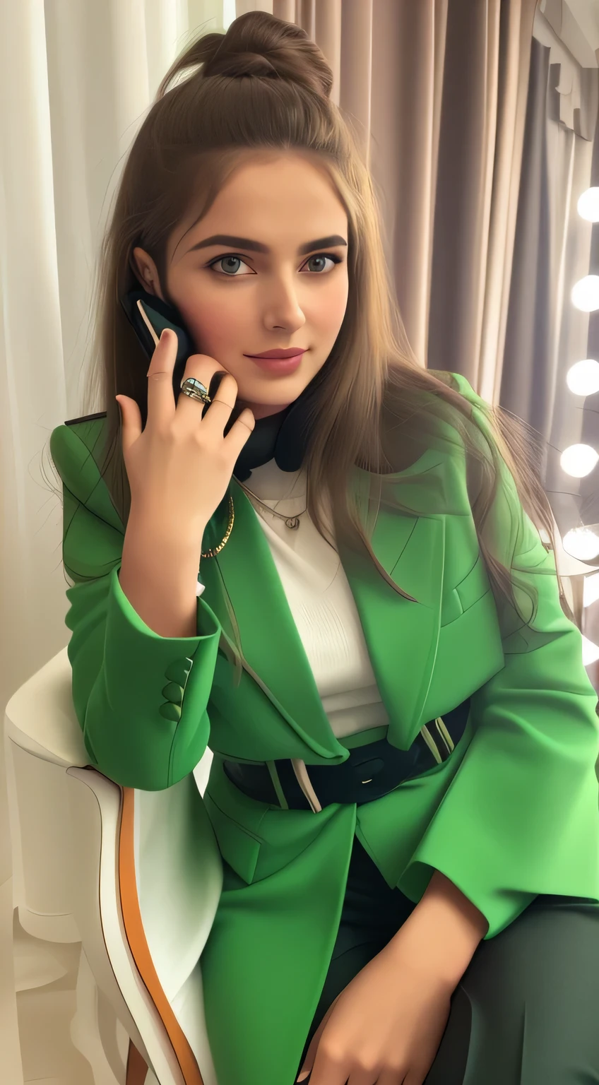 Arafed woman sitting on a chair and talking on a mobile phone, In green suit, In green jacket, In green, 🤬 🤮 💕 🎀, In green clothing, Emma Andievskaya, style of Yulia Razumova, green clothes, Anastasia Ovchinnikova, Victoria Havrylenko, Anna Nikonova, A.k.a. NewMilky