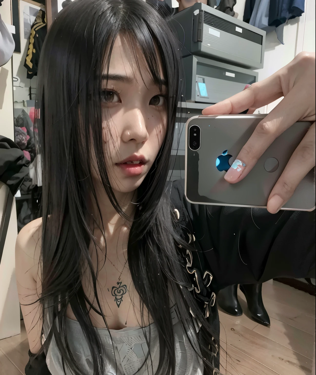 Arafed woman taking a selfie with her cell phone in a room, cruel korean gothic girl, chica anime en la vida real, autofoto iphone, ulzzang, sui ishida con cabello negro, selfie de una mujer joven, pelo cortado hime negro, Masayoshi Suto y Artgerm, con pelo largo y ojos penetrantes, de chica taiwanesa con tatuajes