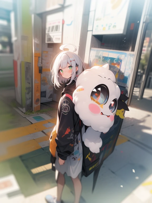 alta qualidade、paleta de cores neon、High-level image quality、kawaii menina、Unprecedented number of draws、Estilo anime、Fundo com pergaminhos e letras、estilo de adesivo、short hair、cabelos brancos、olhos castanhos, messy hair, Menhera, titles, roupas largas, Camiseta Baggy, Guro, especialista, bolsas oculares, olhos pesados, olhos escuros, ((Dando uma noticia))