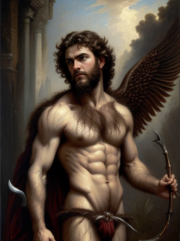 full body, oil Painting,  portrait charismatic and ((hairy masculine cupid)), tall, slim, smooth muscle, big bulge, white briefs, body hair:: ruins background, perfect eye chiaroscuro mood, oil painting, classic era, Bouguereau paintings art style, high resolution, high quality, elegant, Soft impressive impasto, perfect composition, perfect face, edge lighting, intricate, oil on canvas, Beautiful details, masterpiece, ominous, matte painting movie poster