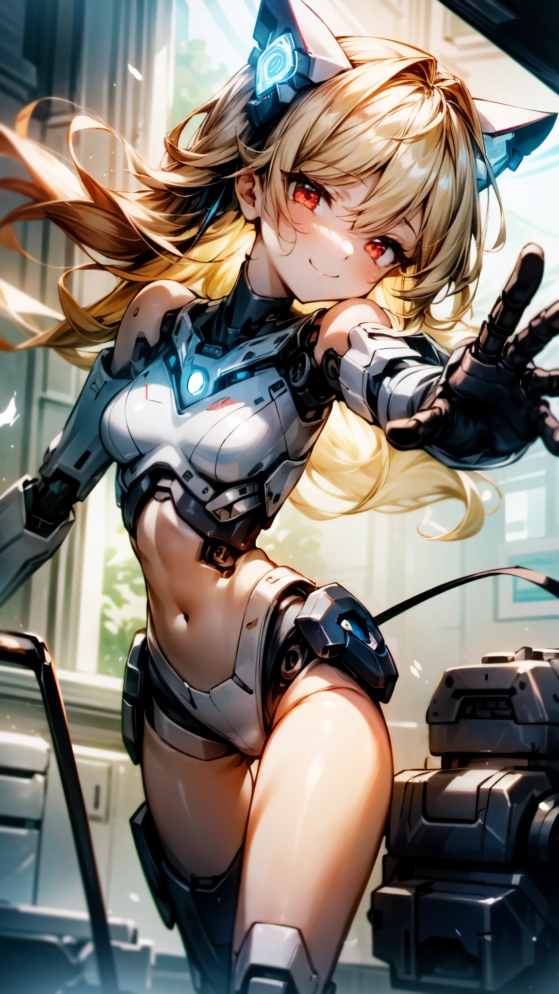 an extremely delicate,
beautiful girl,
break,
8k,
best quality,
masterpiece,
ultra hires,
ultra detailed girl,
super fine illustration,
break,
active pose, close up face,
dynamic angle,
indoors,
shiny,

rim lighting,
Cinematic Lighting,

break,
1girl,
solo,
(cyborg girl:1.3),
college age,
perfect female body,




(shiny blonde hair),
long hair,
big hair,
fluffy hair,
air bangs,
long bangs between eyes,
boyish face,
(red eyes),
(glowing cyborg eyes:1.2),
smile,








(bare navel:1.2),
(bare thighs:1.2),
(bare shoulders:1.2),
doll joints,
small breasts,
break,
white body,
thigh high socks,
(pale blue power lamp:1.2),
mech cat ear headgear,