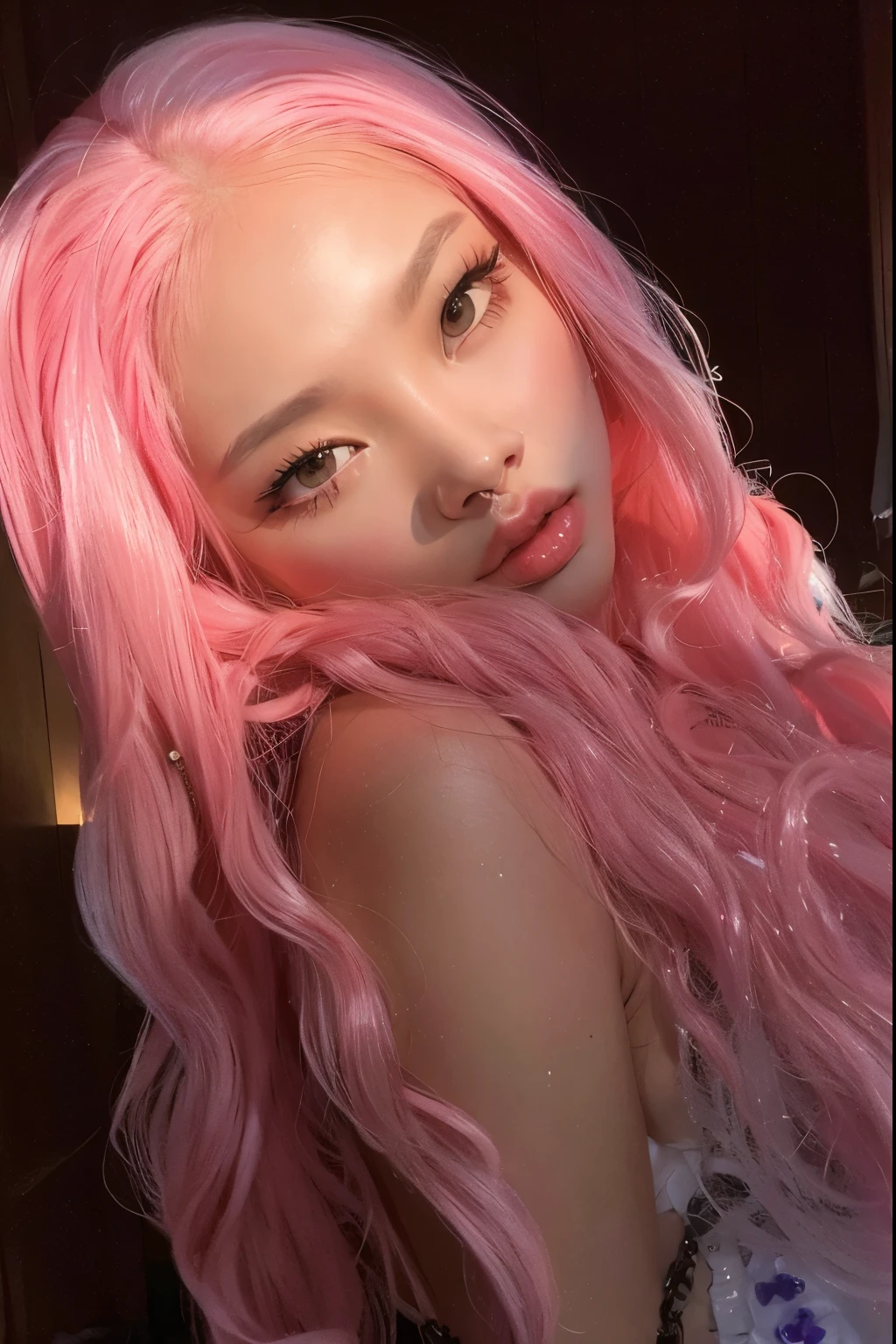 A sexy stylish female idol, glossy transparent lipstick, smiling face, defined eyebrows, long lashes, full body, wearing a sheer latex body in neon pink, colorful hair, (best quality,4k,8k,highres,masterpiece:1.2),ultra-detailed,(realistic,photorealistic,photo-realistic:1.37),extremely detailed eyes and face, long eyelashes, (nsfw)