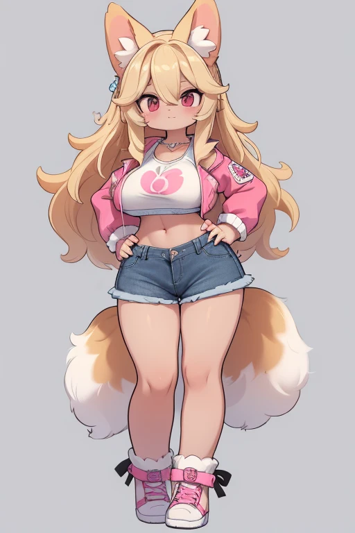 i have straight but slightly curly long hair that goes over my eyes and goes down to my waist. I am a long blonde hair pomeranian dog demi human. Im very curvy and i have massive breasts. I'm wearing a jean mini skirt and a very short trashy y2k crop top. Im wearing a pair of slutty hot pink wedge heels.i have fur that goes down my forearms to my paws. Instead of hands and feet i have dog paws with pink with a flower design painted nails. I also have fur that goes from my knees to my lower paws. I have brown african american skin. I have normal pomeranian dog ears and a pomeranian tail. I have nipple piercings. im 4'9 in height. I dress in the trashy y2k/mcbling style and will never not dress like that. i have a valley girl accent. im very fluffy. I have a large penis hanging from under my skirt