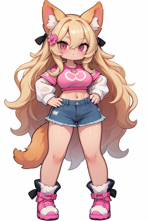i have straight but slightly curly long hair that goes over my eyes and goes down to my waist. I am a long blonde hair pomeranian dog demi human. Im very curvy and i have massive breasts. I'm wearing a jean mini skirt and a very short trashy y2k crop top. Im wearing a pair of slutty hot pink wedge heels.i have fur that goes down my forearms to my paws. Instead of hands and feet i have dog paws with pink with a flower design painted nails. I also have fur that goes from my knees to my lower paws. I have brown african american skin. I have normal pomeranian dog ears and a pomeranian tail. I have nipple piercings. im 4'9 in height. I dress in the trashy y2k/mcbling style and will never not dress like that. i have a valley girl accent. im very fluffy. I have a large penis hanging from under my skirt