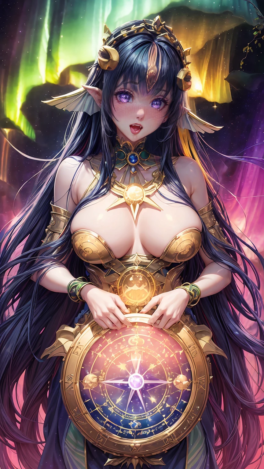 27-year-old girl, 1 zodiac goddess from the future, 12 zodiac goddess pink purple, 12 zodiac goddess face sexy thin yellow nightgown, long thin nightgown 12 zodiac many limbs sexy black lace detail, mythical goddess of the 12 zodiacs from the future, zodiac ♏, luxurious glittering zodiac style, dark and mysterious version, zodiac crown, lipstick red lips, thin and pretty lips, don't smile, keep your mouth shut, characters created by karol bak and pino daeni, intricate detail, detailed background, extremely detailed, light magic, a woman, clear face, looking at the upper body of the goddess of the zodiac, round breasts, big and round breasts, phoenix hair brooch, long hair with bangs, (Long hair has 7 colors like rainbow:1.9), beautiful detailed face and well-proportioned eyes, (transparent yellow eyes: 1.8), big round eyes and very beautiful and detailed makeup, visionary, long silk nightgown, mysterious makeup, Bracelets, side bangs and dye pale yellow, upper body, (zodiac goddess upper body: 1.8), drooping arms, Realistic and vivid photo, (stars that make up the zodiac: 1.7), ( sky zodiac and fictitious space and time portal: 1.8), fiction art, RAW photo, hanfu photo, best photo , high_res, best quality, best photo, 8k quality, 8k ultra , surrealism, the most economical real photo, artistic portrait of 12 zodiac signs, 1 symbol of 12 zodiac signs behind, single portrait of 12 zodiac goddess, The most realistic color scheme, best photo color, masterpiece, hair ornament, necklace, jewelry, Beautiful face, upper body, tyndall effect, photo realistic, dark studio, border light, two tone light, (detailed skin) high: 1.2), 8k uhd, dslr, soft light, high quality, volumetric light, candid, Photo, high resolution, 4k quality, 8k, Bokeh, Smooth and sharp, pixel up 10 times, Charming zodiac goddess, sexy zodiac goddess, (background space: 1.8), (galaxy: 1.7), aurora, lightning, (Aurora Background: 1.8) <lora:locon_perfecteyes_v1_from_v1_, beautiful goddess and flowers, nsfw