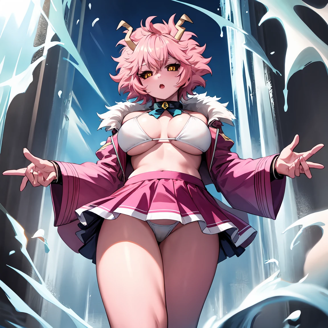 1_girl, pink skin, yellow eyes, black sclera, horns, pink hair, medium breasts, ((chubby)) , micro skirt, very short skirt, white bikini,erotic, sensual, beatifull, very detailed fingers, very detailed hand, perfect_hands, well-detailed fingers, well-detailed hand, perfect, well-detailed fingers, well-detailed hand, perfect_hands, perfect, GoodHands-beta2, Furtastic_Detailer, ((empty hands)), ((mina ashido))