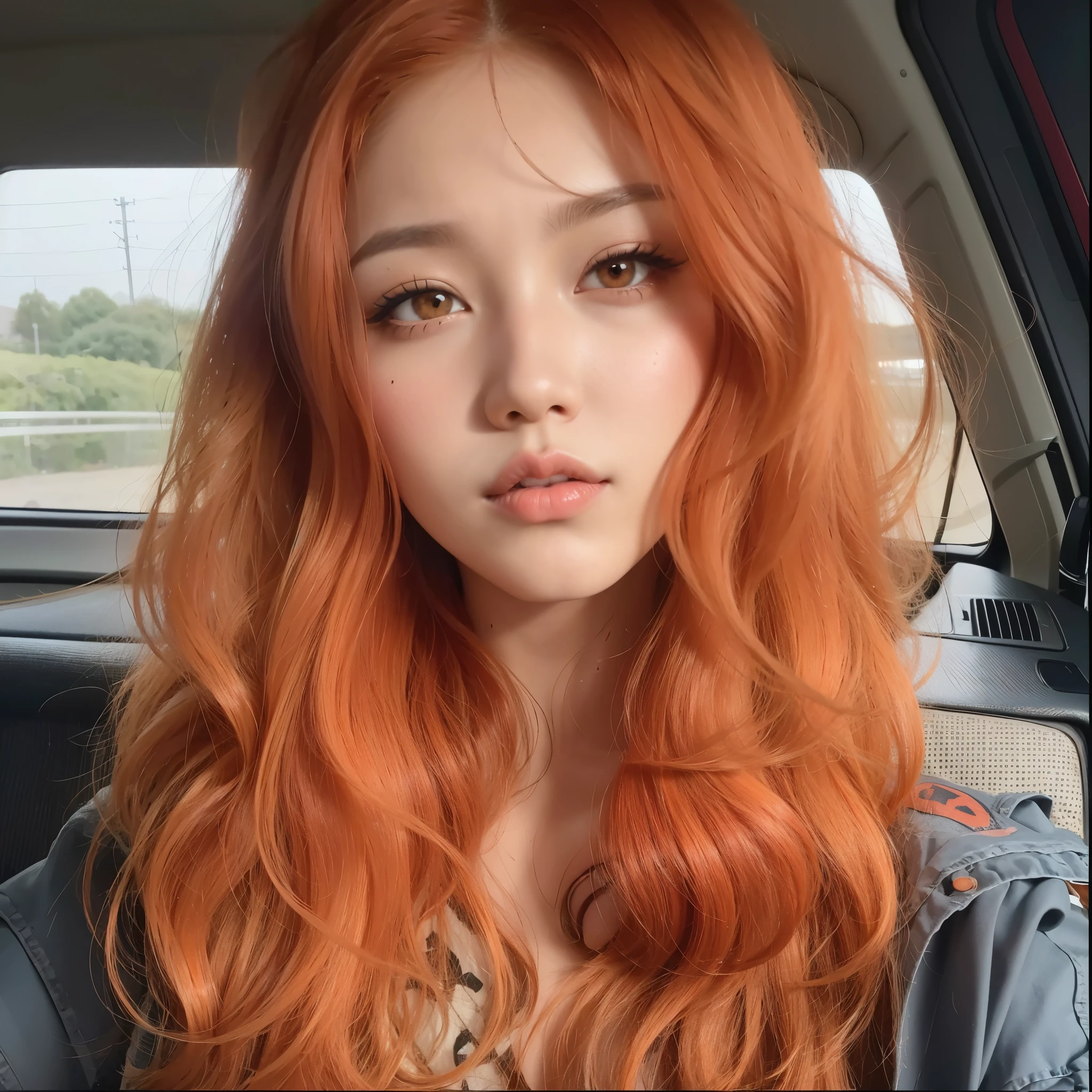 un primer plano de una mujer con el pelo largo y rojo en un coche, she has long redpelo naranja, maquillaje popular de corea del sur, ulzzang, maquillaje coreano popular, She has long orange-brown hair., con pelo rojo rizado, cabello naranja brillante, long wavy pelo naranja, pelo naranja, tinte de pelo, retrato de jossi de blackpink, pelo ondulado de jengibre