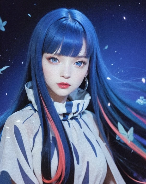 A very beautiful and gorgeous girl with white skin and pink cheeks and shining blue eyes with eylainar and she puts a very red lipstick as blood and get hair is very long soft blue hair with pink ends and she wearing a white dress 