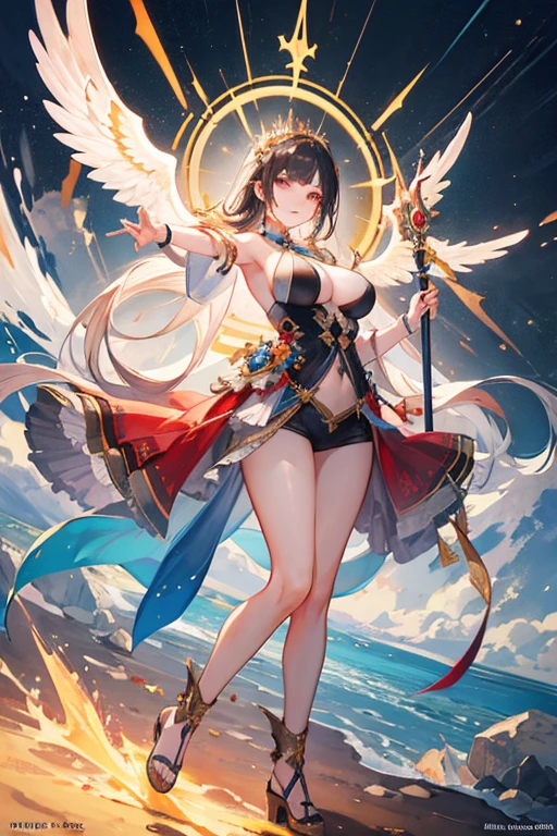 1girl, beautiful sun empress, detailed eyes, detailed face, mature face, athletic body, looking at viewers,full body, light smile,detailed skin,mature body, tall body,seductive body,medium big breast, medium thigh, detailed clothes BREAK desert and pyramid backgrounds, holding only one long and thick sun scepter, phoenix dragon in sky, highly saturating sunbeams, holy ceremony, angelic halo, golden and orange spark dazzling around, holy magic circle, golden crown , golden majical lightning, best quality, masterpiece, trending on Art station,BREAK,Detailed,Realistic,4k highly detailed digital art,octane render, bioluminescent, cinematic lighting BREAK 8K resolution concept art, realism,by Mappa studios,masterpiece,best quality,official art,illustration,ligne claire,(cool_color),perfect composition,absurdres, fantasy,focused,