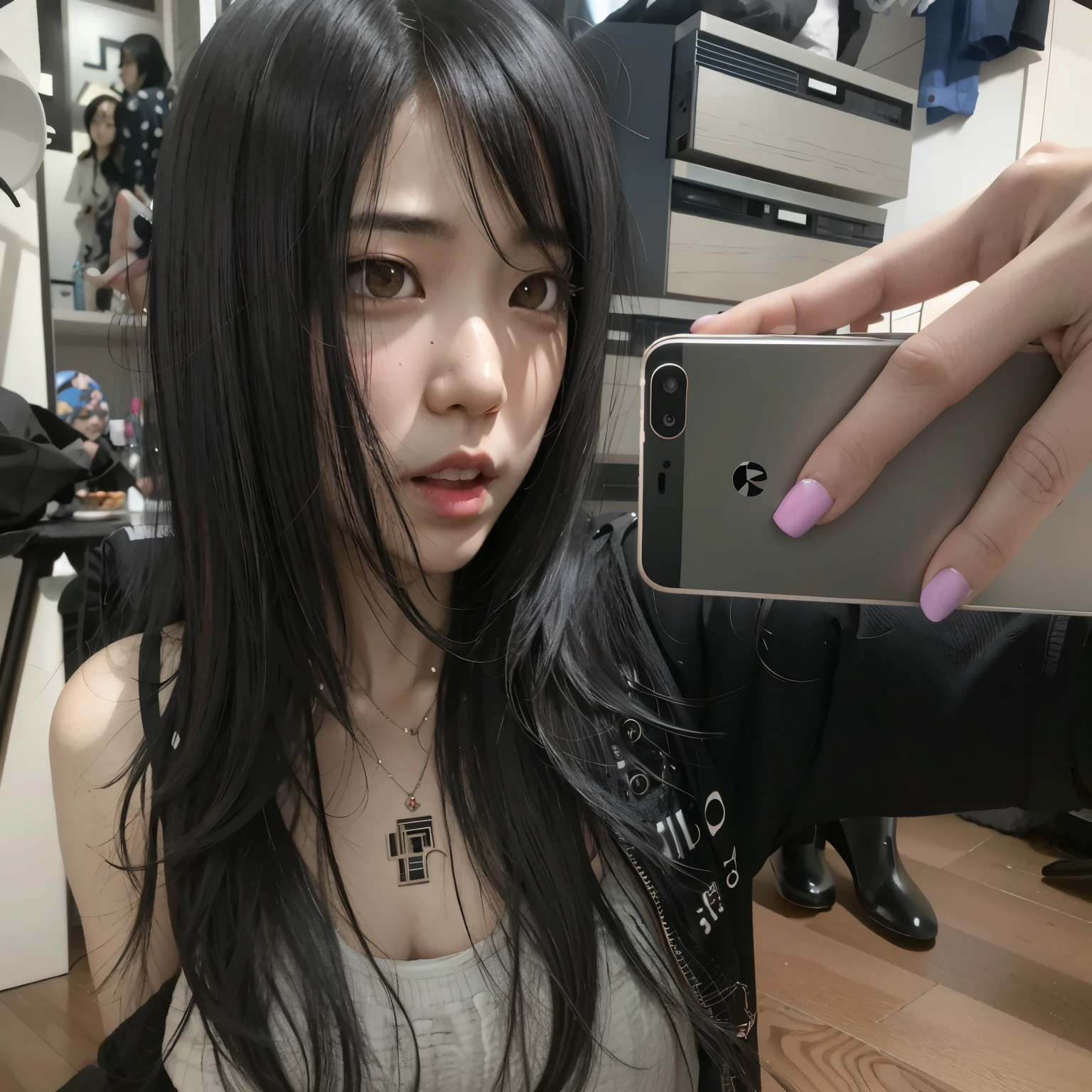 Arafed woman taking a selfie with her cell phone in a room, cruel korean gothic girl, chica anime en la vida real, autofoto iphone, ulzzang, sui ishida con cabello negro, selfie de una mujer joven, pelo cortado hime negro, con pelo largo y ojos penetrantes, Masayoshi Suto y Artgerm, selfie shot straight at angle
