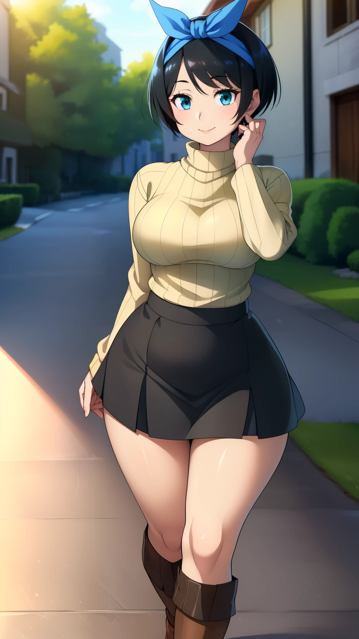 ((((kipteitei art)))), ((highres)),Masterpiece, high quality, best quality, beautiful, perfect lighting, detailed face, ultra cute face, ((1girl)), ((solo), ((((sarashina ruka)))), ((blue hairband)), ((tan turtle neck sweater)), ((black short skirt)), black socks, loafers, looking at viewer, cowboy shot, sweet smile, cute, happy, medium breasts, perky breasts, wide hips, thick thighs, thicc, town, street,