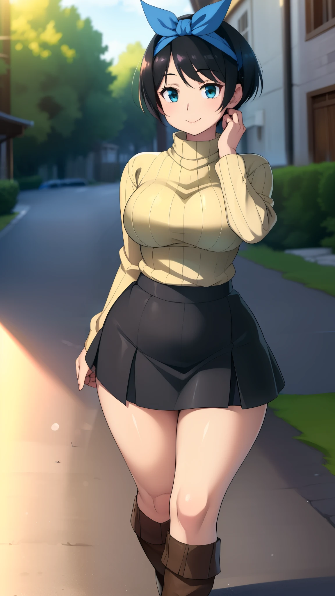 ((((kipteitei art)))), ((highres)),Masterpiece, high quality, best quality, beautiful, perfect lighting, detailed face, ultra cute face, ((1girl)), ((solo), ((((sarashina ruka)))), ((blue hairband)), ((tan turtle neck sweater)), ((black short skirt)), black socks, loafers, looking at viewer, cowboy shot, sweet smile, cute, happy, medium breasts, perky breasts, wide hips, thick thighs, thicc, town, street,