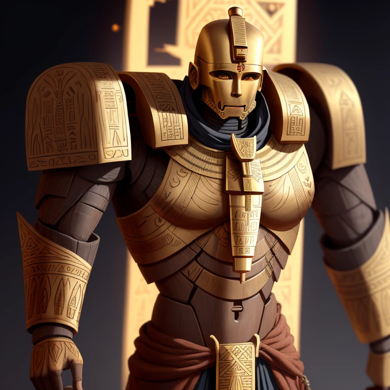 A wooden warforged decorated with inlaid gold Egyptian motifs, including an ankh on his forehead