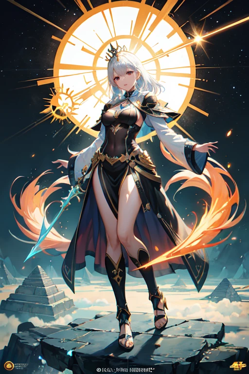 1girl, beautiful sun empress, detailed eyes, detailed face, mature face, athletic body, looking at viewers,full body, light smile,detailed skin,mature body, tall body,seductive body,medium big breast, medium thigh, detailed clothes BREAK desert and pyramid backgrounds, holding only one long and thick sun scepter, phoenix dragon in sky, highly saturating sunbeams, holy ceremony, angelic halo, golden and orange spark dazzling around, holy magic circle, golden crown , golden majical lightning, best quality, masterpiece, trending on Art station,BREAK,Detailed,Realistic,4k highly detailed digital art,octane render, bioluminescent, cinematic lighting BREAK 8K resolution concept art, realism,by Mappa studios,masterpiece,best quality,official art,illustration,ligne claire,(cool_color),perfect composition,absurdres, fantasy,focused,