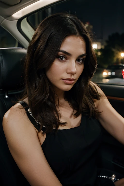 Elegant brunette with Chanel hair is driving her car at night