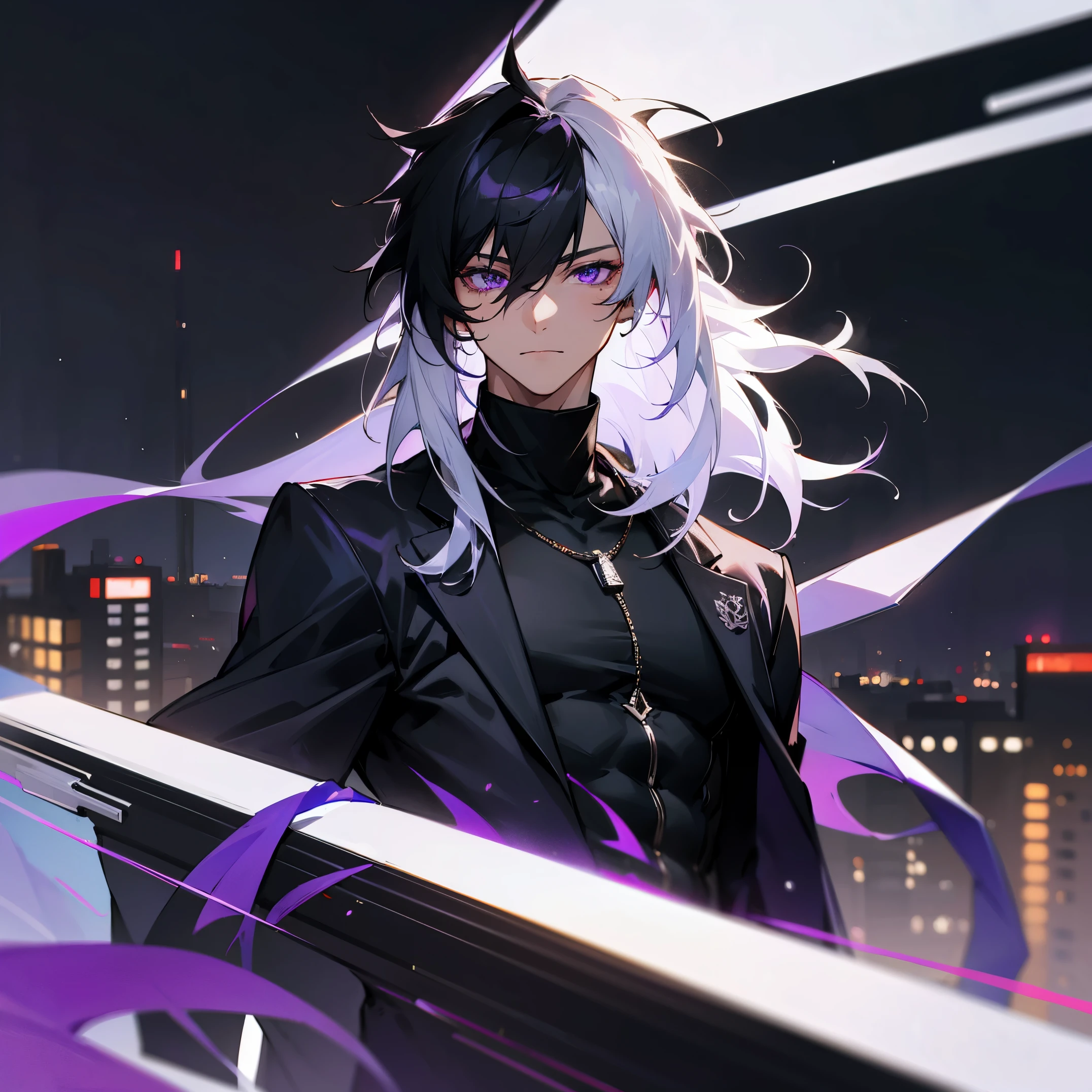 Messy White Hair , ear length hair , black hair , purple eyes , muscular , fitting black turtleneck, young male , modern city background , Casual Clothing 
