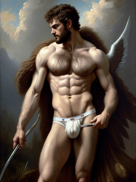 full body, oil Painting, portrait charismatic and ((one hairy masculine cupid)), tall, slim, smooth muscle, ((big bulge, white briefs)), body hair:: ruins background, perfect eye chiaroscuro mood, oil painting, classic era, Bouguereau paintings art style, high resolution, high quality, elegant, Soft impressive impasto, perfect composition, perfect face, edge lighting, intricate, oil on canvas, Beautiful details, masterpiece, ominous, matte painting movie poster