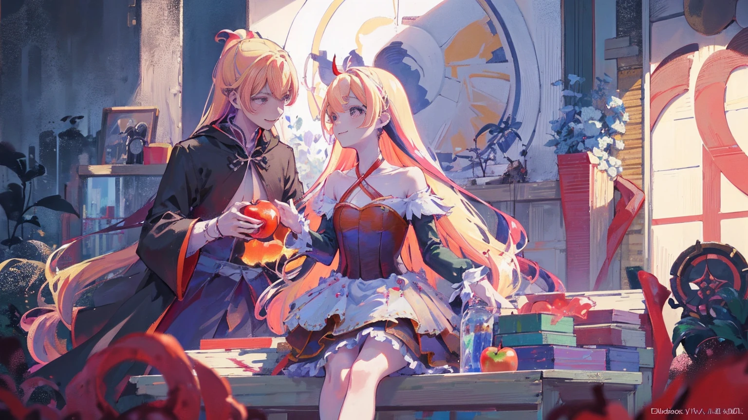 masterpiece、highest quality、1 girl、(black dress、barefoot、blood、dark atmosphere)、(skeleton、Black feathers、fearless smile、apple in hand)、night、fantasy、night空、Blood droplets、pool of blood