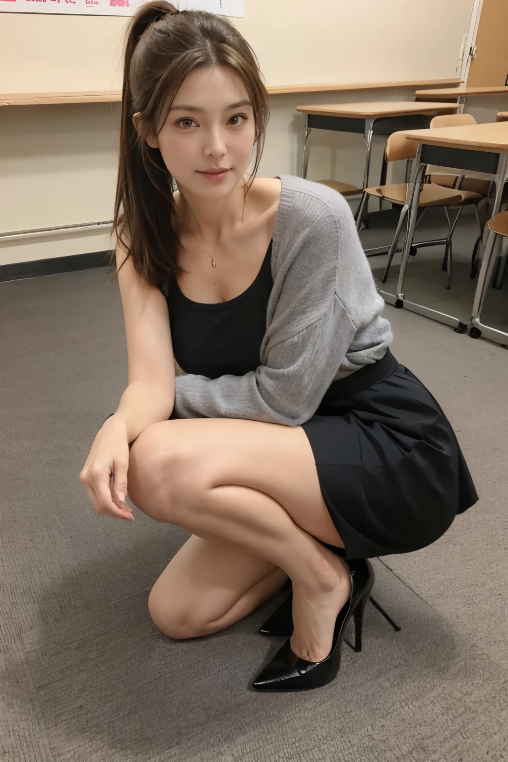 mature female teacher, , 40 years old woman, perfect face, perfect body ratio, long layered brown hair, ponytail, in front of a class, with elementary school student in the background, medium breast, full body photograph, high heels, front facing camera, seductive pose