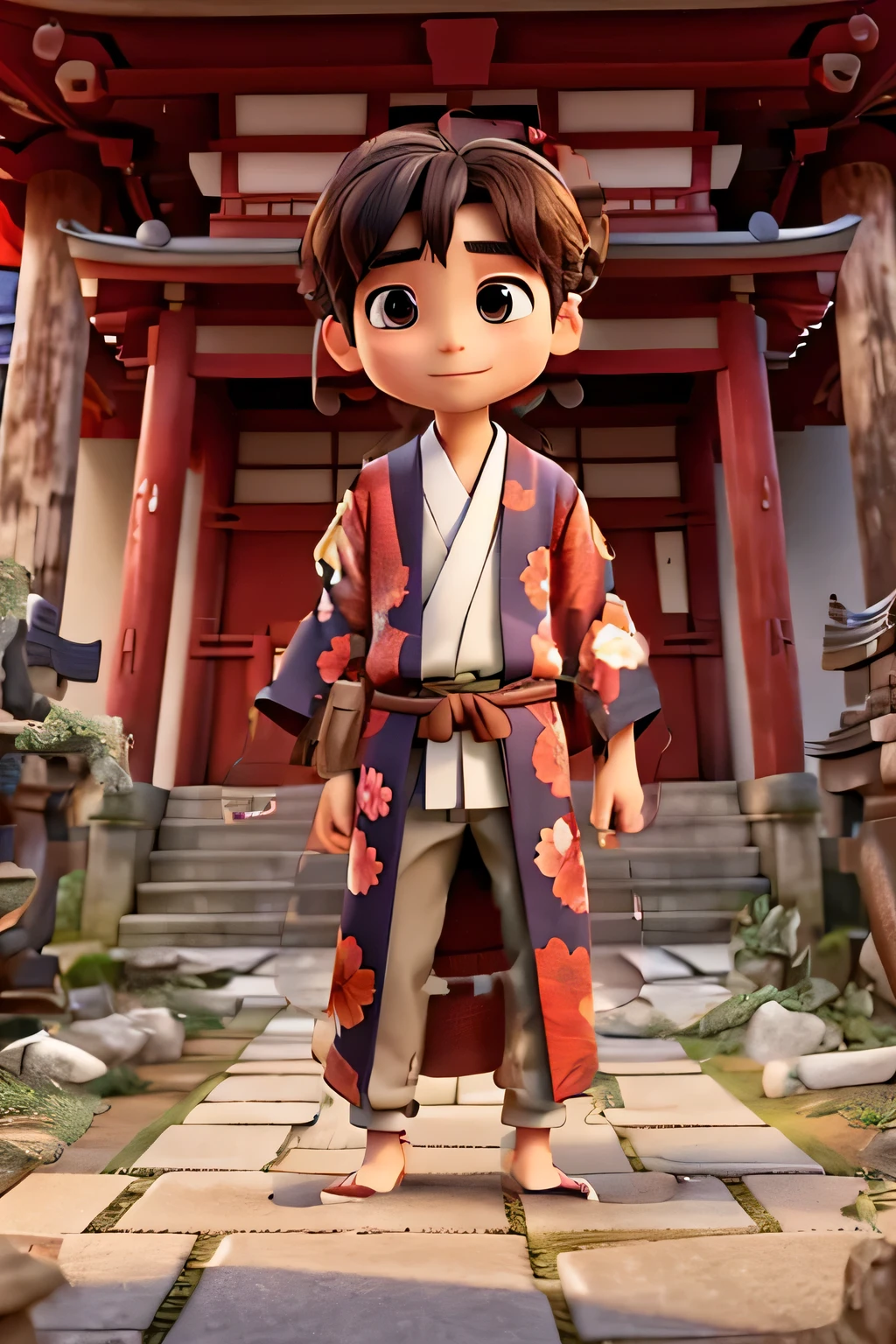 He wears a Japanese kimono.