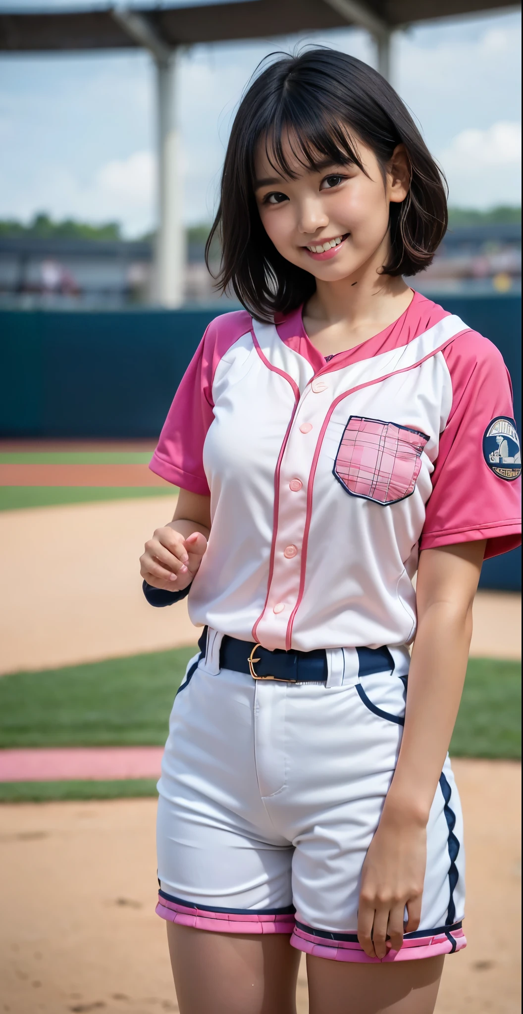 (8K、Raw photography、highest quality、masterpiece:1.2),(black haired、very short hair:1.9),show viewer,Looking at the front,erotic,白いskin,(wearing a pink and white baseball uniform:1.6)、(Clothing that emphasizes the shape of your chest、publish one'skin:1.6)、(big boobs:1.3)、slim body shape、ultra high resolution,beautiful,beautiful fece,(alone, alone、no background:1.9),whole bodyボディー,japanese woman,(Photoreal:1.37)、photon mapping,reality、(Cute with a : 1.0)、(cute smile: 1.7)、(With a round face: 1.8)、radio city、Physically based rendering、depth of field rally background、photograph, (I can see your knees,close up of thighs、Too short pants with navy blue and pink plaid pattern、camel toe:1.5),whole body、super fine