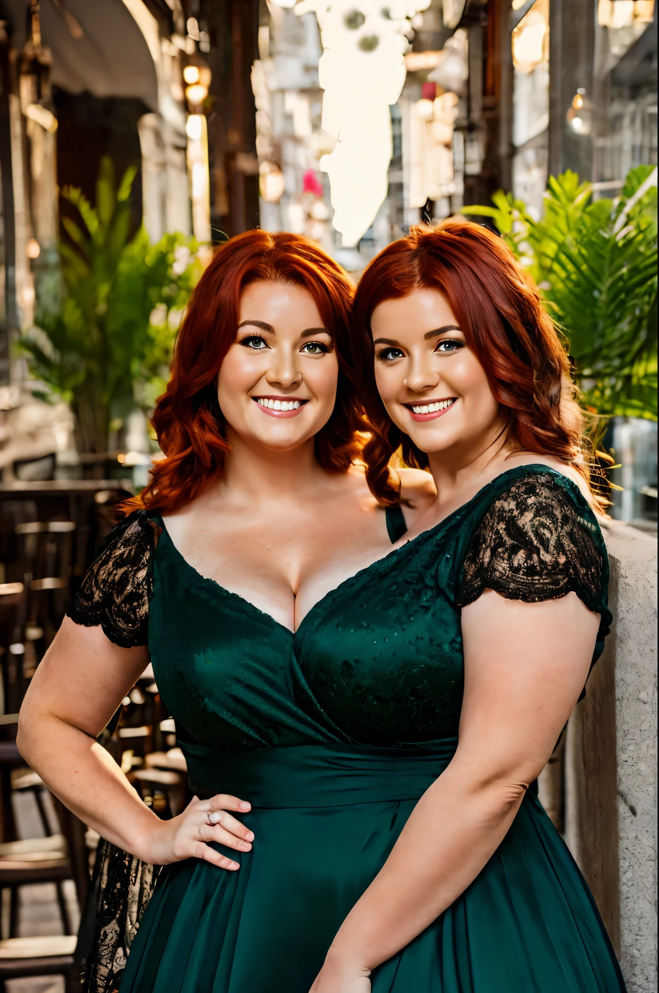 2heads, mom and teenage daughter, Irish, curvy, two heads on one body, nice dress, dark red hair,