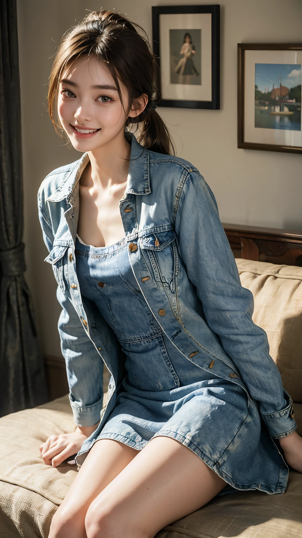 highest quality, masterpiece, ultra high resolution, (realistic:1.4), (close portrait) Raw photo, 1 girl, 22 years old, (((linen fabric dress))), (((Denim fabric jacket))),((dorothy&#39;s)),((Handbag)),masterpiece, realistic pictures, japanese pictures,(professional lighting),professional photographer, fuji negative film, saturation, contrast, Pocari Sweat Advertisement ((small breasts)),((smiling showing teeth)),long hair top ponytail,brown hair,