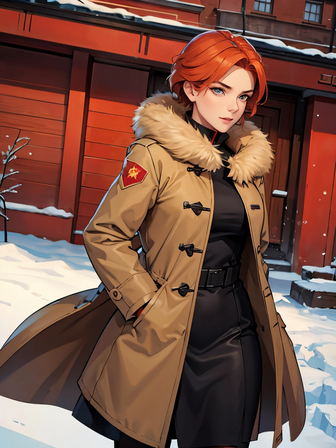 1woman, mature woman, ginger, soviet union winter coat