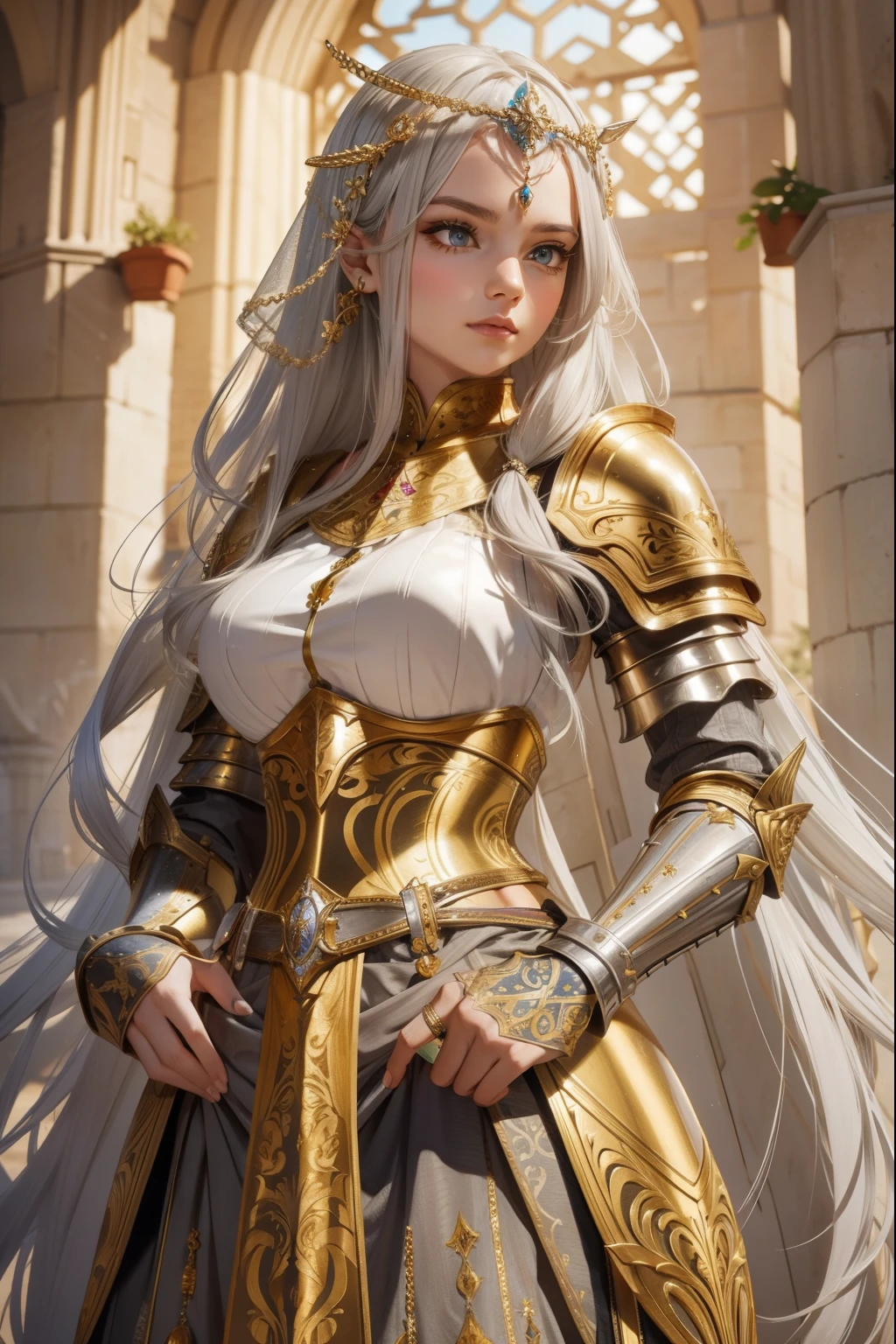 Detailed long white hair, (((wearing a realistic and detailed golden and gray medieval armor, aethereal fantasy aesthetic style))) detailed perfect skin, intricate perfect beauty face, detailed sharp eyes, detailed eyes and pupils, (((from face to the waist))), (((beauty slim shape))), 4k, UHD, (masterpiece), best quality, ultra sharp focus, golden ratio, midnight hour, cinematic illumination