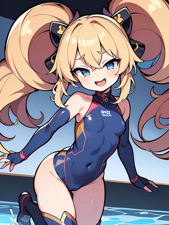 highest quality、master piece、very detailed、(1 girl):1.4、(Futuristic competitive swimsuit)、(Golden hair):1.3、twin tails、ショートtwin tails、(dark blue eyes):1.1,(Futuristic, Tight Fit Bodysuit)、indoor pool background