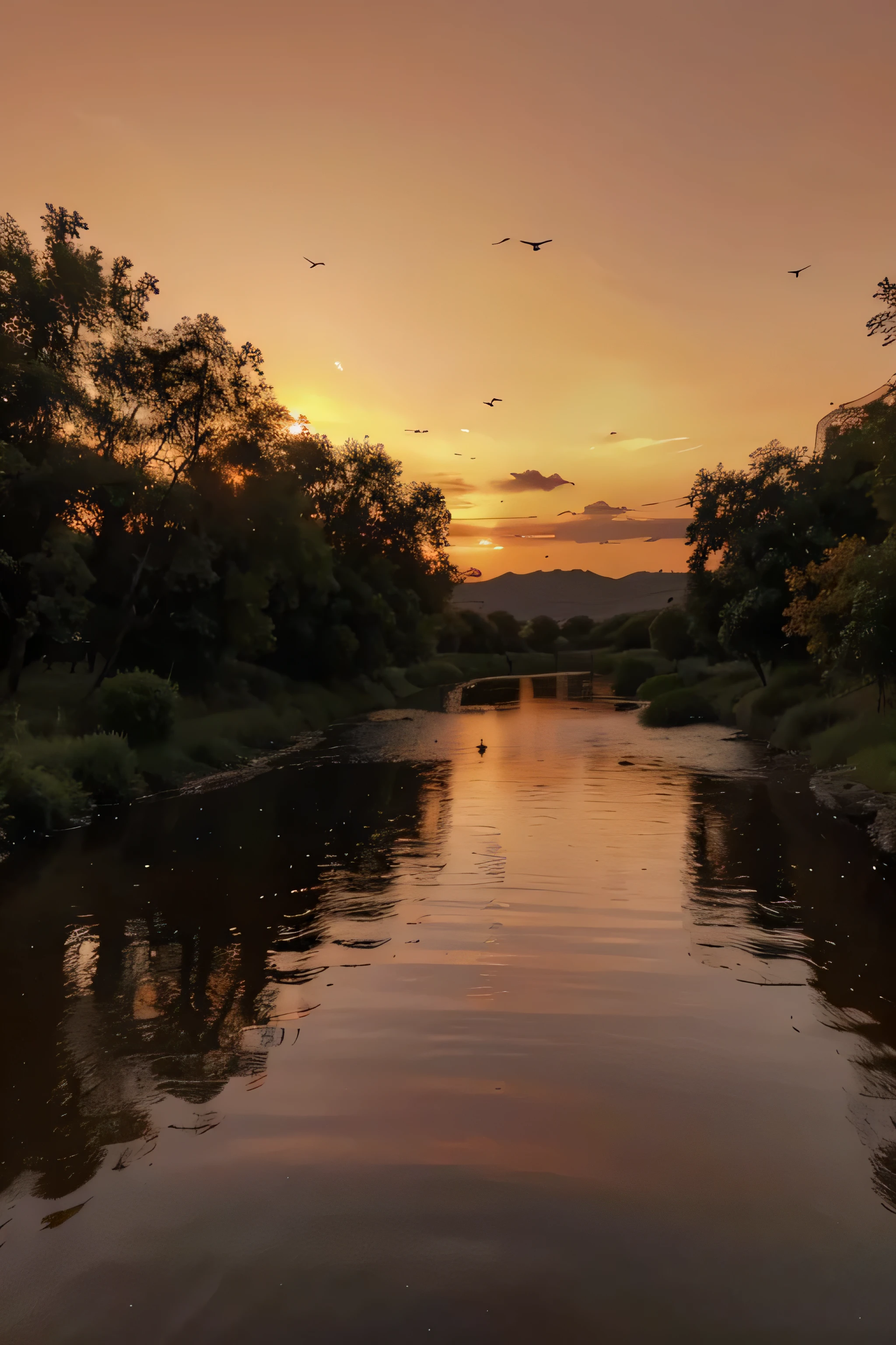 Un paisaje de suaves colinas llenas de sauces llorones. The sun sets on the horizon and the sky turns red and orange... There is a small stream flowing through the center of the landscape and some birds flying in the sky..