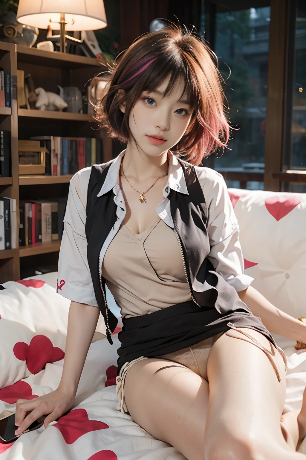20yo woman, (masterpiece: 1.4), (8K, reality, original photo, best quality: 1.4), Japan, (1 girl), beautiful face, (Real faces: 1.4), (pink hair, short hair: 1.3), hairstyle, Realistic blue eyes, beautiful details eyes, (reality皮肤: 1.3), beautiful skin, Attractive, ultra high resolution, Super realistic, HD, golden ratio, (Detailed face: 1.4), (Japan演员: estuary), Sheer vest,粉色short hair,White透明,White,NSFW,big,big屁股强调,The nipple areola is clearly shaped,looking into camera,Sitting on the sofa,pubic shape is transparent and clear,posture(Bend your knees and legs open)