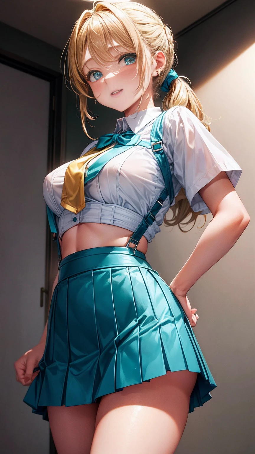 1 female,12 years old,golden hair,Beautiful ponytail hairstyle, (Teal High Waist Mini Skirt:1.3),, (white shirt:1.3), (double breasted,under bust:1.2), short sleeve, button gap,laughter,small breasts,suspenders,sweating,