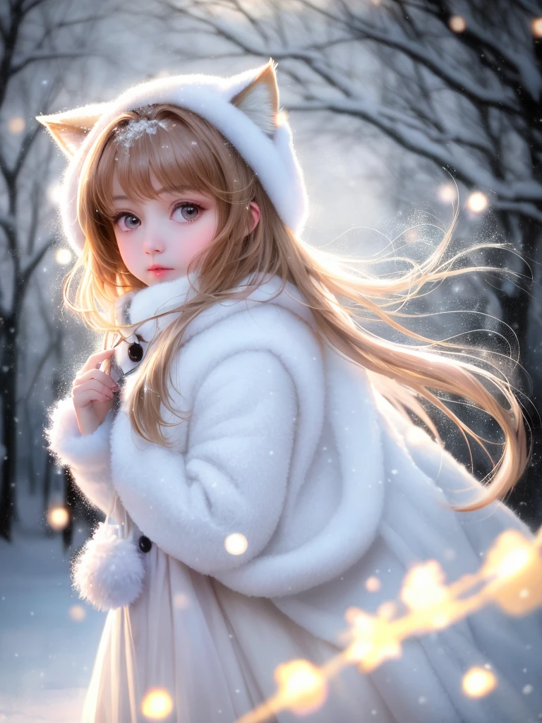 (RAW photo:1.2), (realistic:1.4), (highest quality:1.4), (Super high resolution:1.2), (very detailed:1.3), (nffsw:1.2), (cinematic lighting:1.3), (eye), (Yuki:1.2). ), Cute  Fox, Are standing, (3/4 portrait: 1.2), (hairy tail: 1.2), (soft fur: 1.2), (Moe: 1.2), (look at the audience), (innocent look), (soft light), (dreamy), (dream: 1.3), (ethereal: 1.3), (magic: 1.2), (snowflake: 1.2), (winter wonderland: 1.3), (Whimsical: 1.2), (fun: 1.2), bust, alone