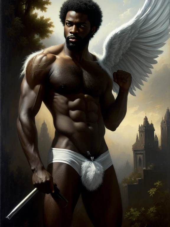 full body, oil Painting, portrait charismatic and ((one hairy black masculine cupid)), tall, slim, smooth muscle, ((big bulge, white briefs)), black male, man,  body hair:: ruins background, perfect eye chiaroscuro mood, oil painting, classic era, Bouguereau paintings art style, high resolution, high quality, Soft impressive impasto, perfect composition, edge lighting, intricate, oil on canvas, masterpiece, ominous, matte painting movie poster