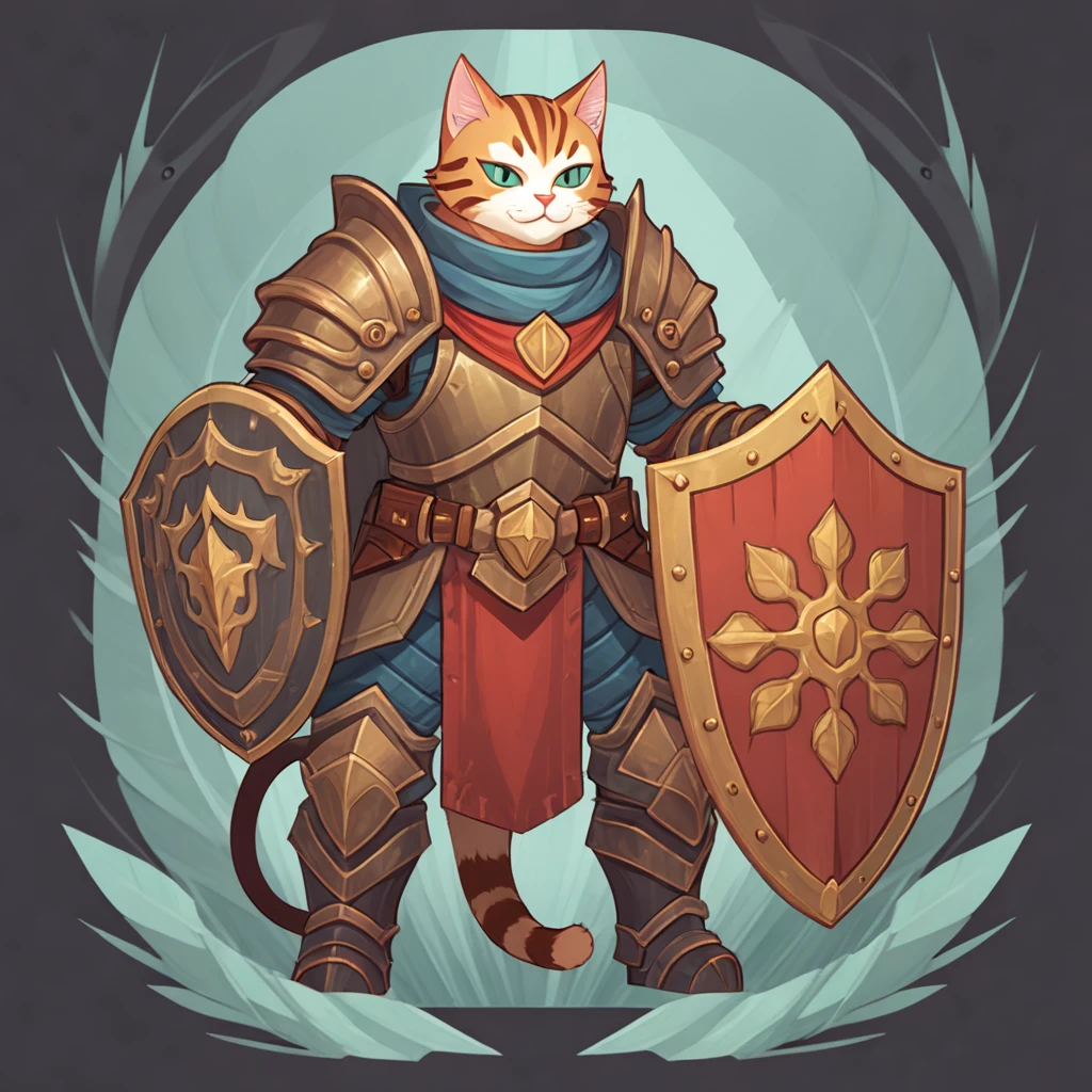 A cat defender in full armor and a giant shield, in card art style
