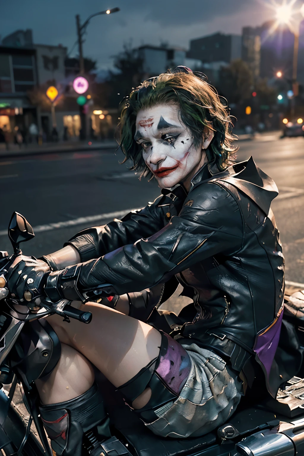 ((Joker Character, Batman Film, Motorcycle Photo: 1.3)), Sharp focus: 1.2, Looking directly at the Viewer with a mischievous grin, Perfectly styled chaotic clown outfit, (((Ride with one hand: 1.5, Lean back, Sit with legs spread apart, Knees bent))), Green hair: 1.2, Make-up: 1.4, Clown makeup blown back by the wind, ((Ultra-detailed, Highly textured motorcycle: 1.3)), Dark background, Cinematic lighting, Lens flare effect, ((Photorealistic, Gritty, Real