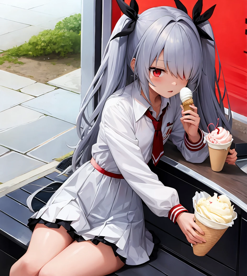 Shiromi iori , holding ice-cream, sitting, blushing, on date