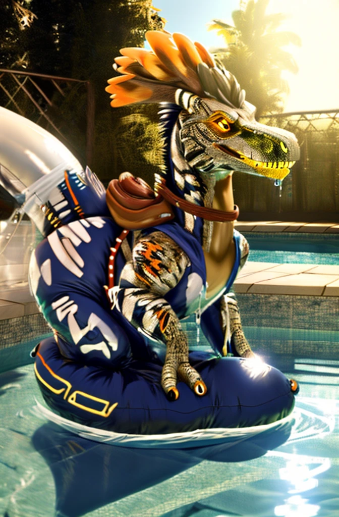 Ultra high resolution, best quality, masterpiece, extremely detailed raw photograph, (half transformation), male human shiny smooth polyvinyl feathered deinonychus velociraptor inflatable suit hybridization metamorphosis, in gymnasium pool at night, (half human), (green:1.9) (beige:1.5) (white:1.8), ((liquid polyvinyl goo partial dripping encasement)), male human feathered velociraptor inflatable suit hybrid, front zipper, plastic handlebars, air valve nozzle
