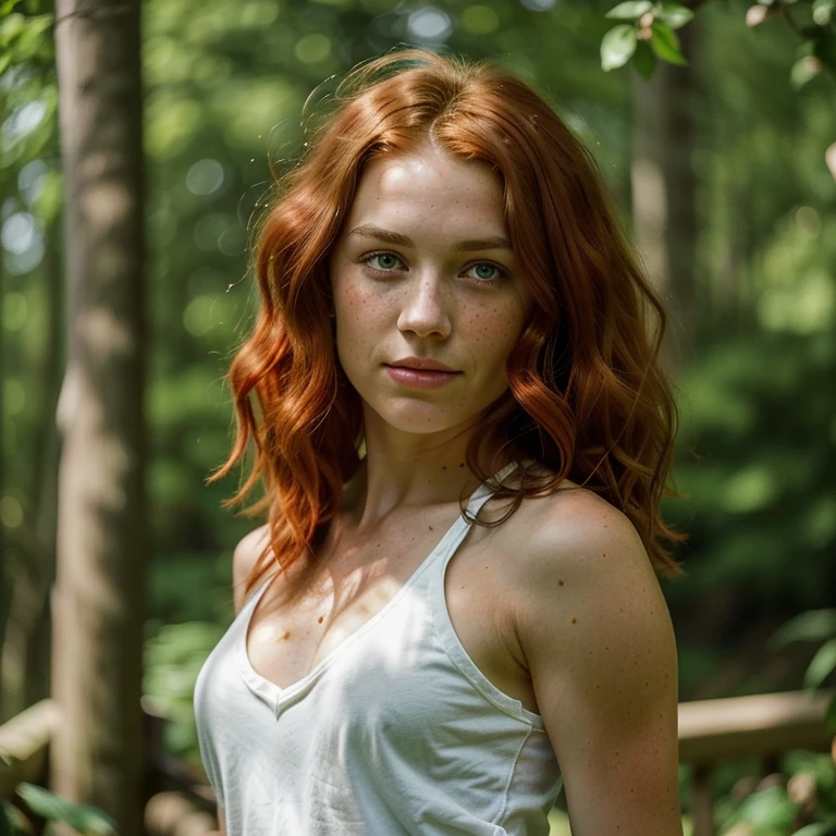 Rachel Morgan's fiery red hair cascades in loose curls, framing her face with a touch of untamed elegance. Her expressive green eyes hold a mix of intelligence and tenacity, set beneath well-defined eyebrows. The determined set of her jaw reflects her strong-willed nature, while a faint smattering of freckles across her nose adds a touch of charm.
Standing at 5 feet 8 inches, Rachel possesses a lithe and athletic figure, a testament to both her strength and agility. Her skin carries a sun-kissed glow, a result of spending long hours outdoors on her various adventures. A prominent scar on her left bicep is