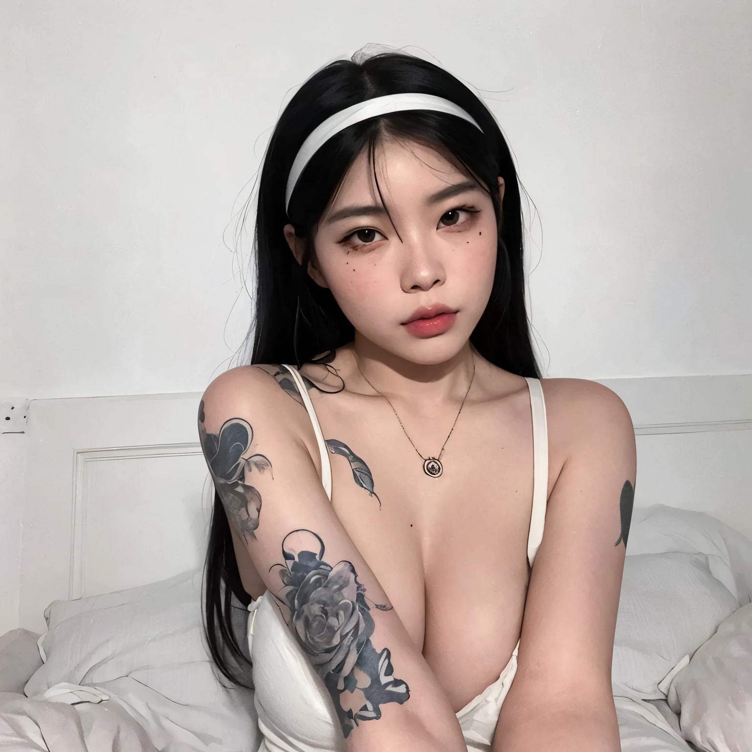 There's a woman with a tattoo on her arm sitting on a bed, coreana, Asian girl, cruel korean goth girl, beautiful Asian girl, de garota taiwanesa com tatuagens, boa jovem, 18 anos de idade, linda mulher sul-coreana, asian features, foto de garota magra, Ulzzang, meninasa, an Asian woman, young Asian girl