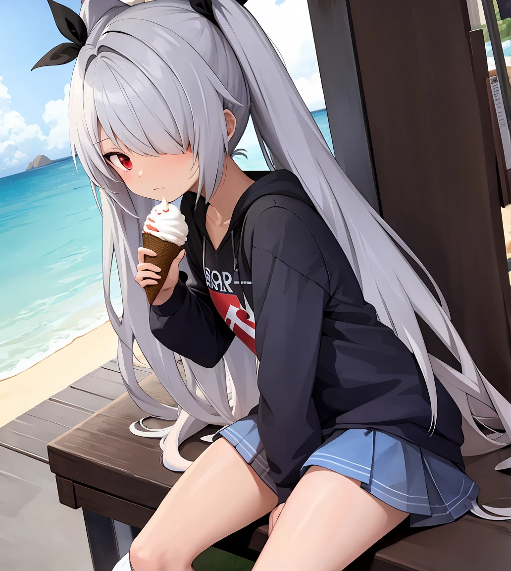 Shiromi iori , holding ice-cream, sitting, blushing, on date , at beach