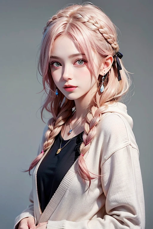 masterpiece, ultra detailed, beautiful, exquisite, female, glad, happy, hopeful, proud, intelligent, smiling, neutral, serious look, looking at viewer, looking ahead, front view, long hair, braids, french braids, wave hair, center part, long hair, braid, half updo, wavy hair, black hair, blonde, pink hair, red hair, colored inner hair, pink eyes, red eyes, eyes open, big eyes, wide-eyed, pale skin, fair skin, shiny skin, detailed skin, detailed face, pale skin, slim, slender, curvy, hair ribbon, piercing, earrings, necklace, 20-year-old, young adult, adult, white background, gray background, flat background, cute, beautiful, dark fantasy, light atmosphere, anime, main artwork, concept art, soft-edged, closeup shot, headshot, macro shot, from front, front view, highly saturated colors, t-shirt, long-sleeved t-shirt, long sleeves, sweater, hoodie, cardigan