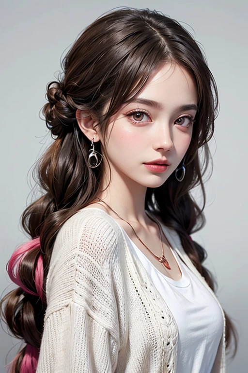 masterpiece, ultra detailed, beautiful, exquisite, female, glad, happy, hopeful, proud, intelligent, smiling, neutral, serious look, looking at viewer, looking ahead, front view, long hair, braids, french braids, wave hair, center part, long hair, braid, half updo, wavy hair, black hair, blonde, pink hair, red hair, colored inner hair, pink eyes, red eyes, eyes open, big eyes, wide-eyed, pale skin, fair skin, shiny skin, detailed skin, detailed face, pale skin, slim, slender, curvy, hair ribbon, piercing, earrings, necklace, 20-year-old, young adult, adult, white background, gray background, flat background, cute, beautiful, dark fantasy, light atmosphere, anime, main artwork, concept art, soft-edged, closeup shot, headshot, macro shot, from front, front view, highly saturated colors, t-shirt, long-sleeved t-shirt, long sleeves, sweater, hoodie, cardigan