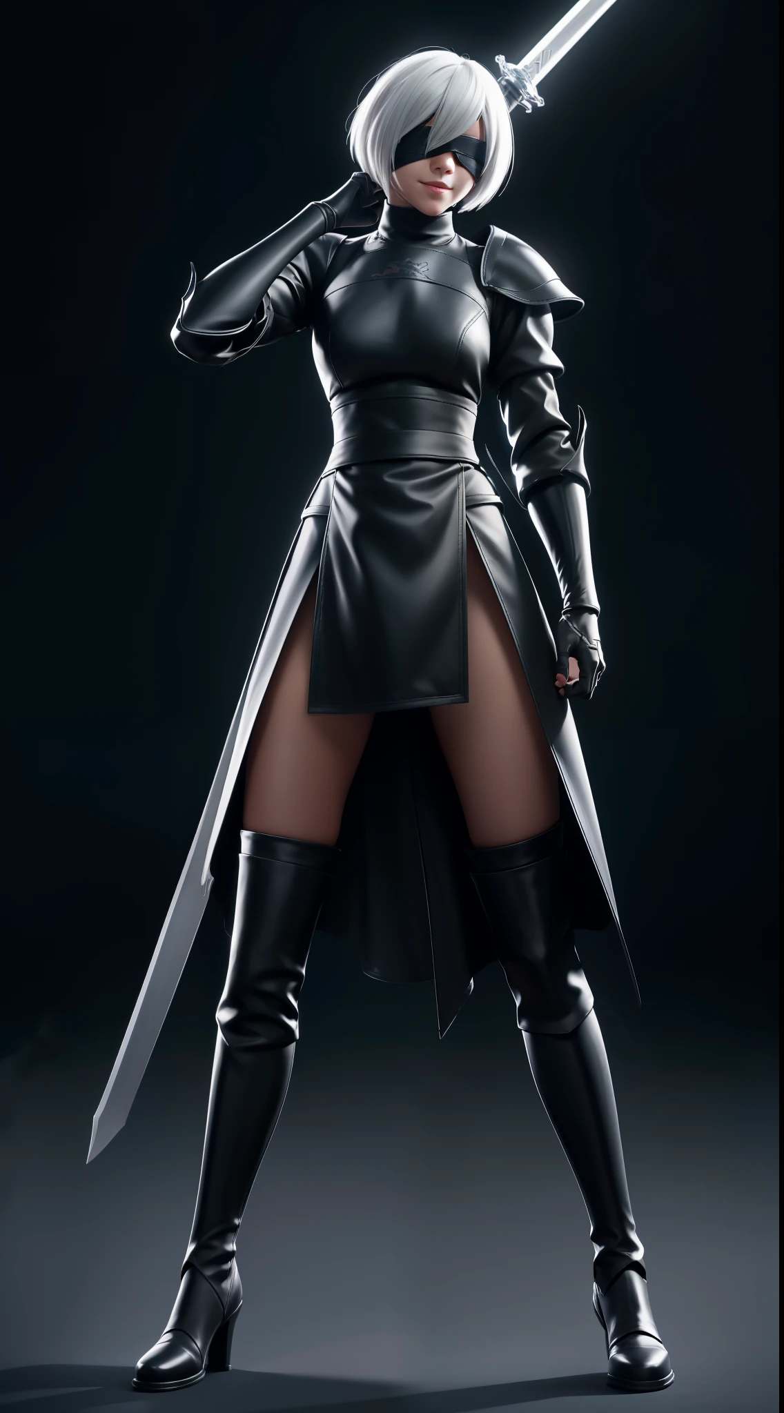 Yorha 2B, Fighting arena, Afternoon, light black armor, shadow sword, blindfolded, full body, smile, English punch,Afternoon, light black armor, shadow sword, blindfolded, full body, smile, English punch, solo woman, Only, wait, (Auto light) , (auto focus) , front to screen