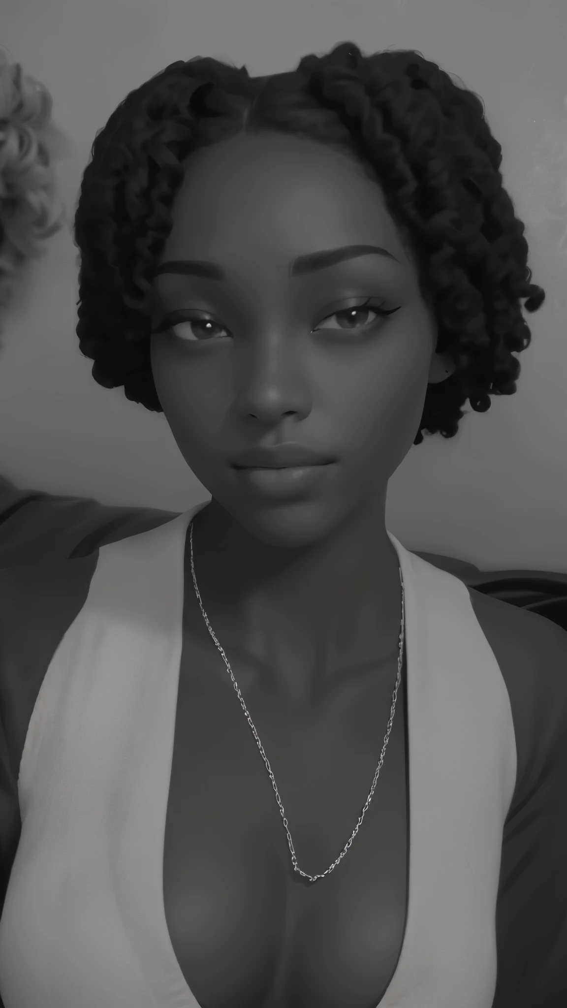 a black and white photo of a woman with a necklace on, inspired by Zelma Blakely, young black woman, her face framed with curls, black young woman, she has olive brown skin, desaturated!!, with afro, african american young woman, close up bust shot, detailed flawless face, grainy black and white footage