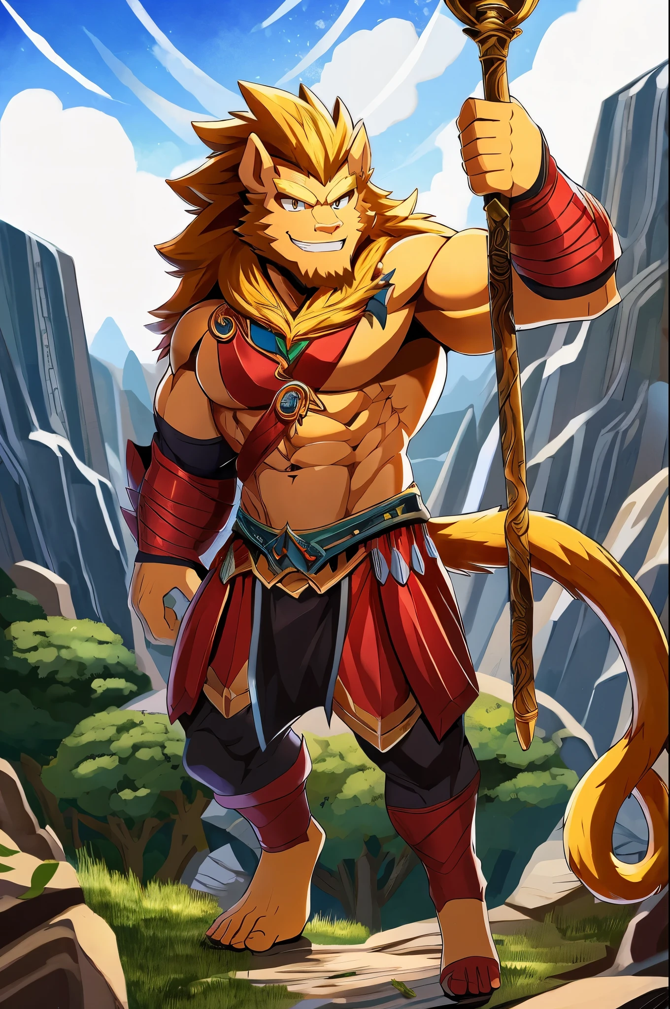 A man with a muscular physique and animalistic features. He has golden skin, thick mane of hair on the head and tail. He is dressed in armor and armed with a staff. This is Sun Wukong the Monkey King from Chinese mythology., evil smile, god rays, En plein air, super detail, high details, high quality, best quality, 16k