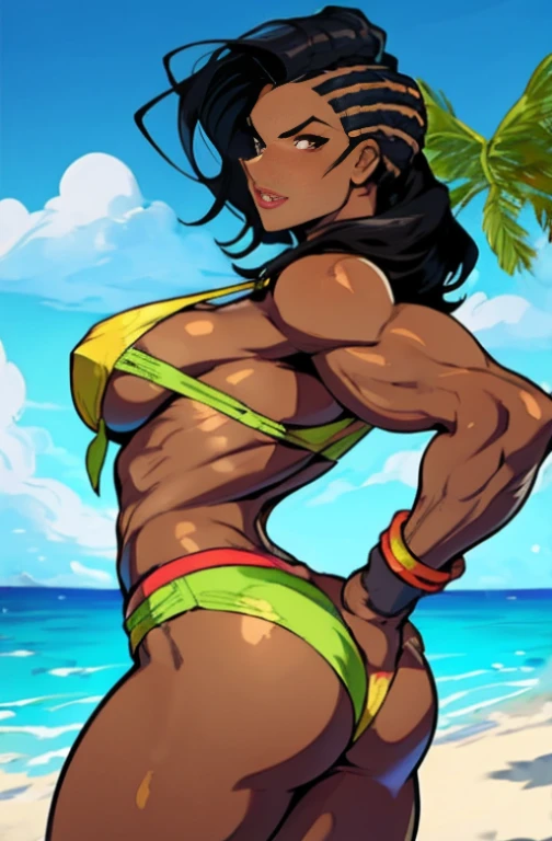 1 sexy woman, 25 yo,  (laura matsuda) (streetfighter) gta style, cowboy shot, mid distance shot, perfect eyes, perfect body, perfect hands, perfect lips, hourglass body, 34d breast, copa cabana beach, background, extremely detailed, ultra-realistic, dark hair, tanned skin, fit body, muscolar, sensual look, sexy eyes, full body shot ,back view, round tonic butt, she is looking behind 