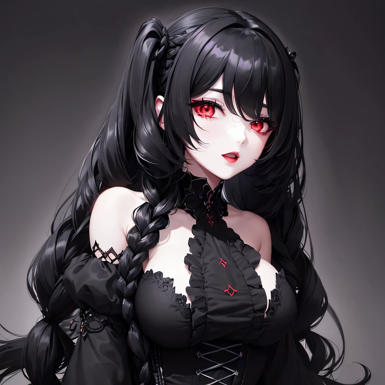 1 girl,Depp's Sense,confused,catch light,Super beautiful illustration,(black color,long hairstyles:1.6),turn around,dark dark eyeshadow,bright red lipstick,Gothic Lolita,Upper body,;d,beautiful and delicate flowing hair,delicate and detailed red eyes,big breasts