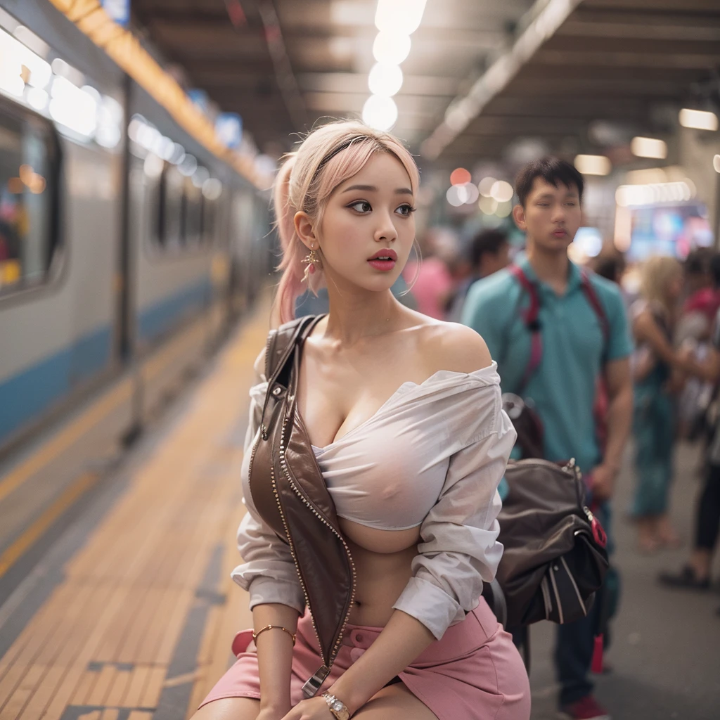 (Asian goddess Woman,sitting train station),(cardi b),(perfect cardi b),(Gigantic Boobs: 1.4),(cleavage : 1.4),(busty: 1.4),(Cool:1.1),(erotic:1.4),(Low-cut white shirt: 1.3),(Pink mini skirt with white details: 1.4),(earrings : 1.1),(blonde Hair Ponytail: 1.4),(vogue Makeup: 1.1),(thrending pixiv : 1.1),(Curvy Chubby Body : 1.4),(Delicate Face :1.4),(Pale Skin: 1.1),(oil Covered in boobs: 1.3),(look at viewer),(various Poses: 1.1),(Big Brown Eyes : 1.4),(High Details Body : 1.3),(high details face : 1.1),(Perfect Face),(perfect Body),UHD,Bokeh,Sharp Focus,Octane Render,Megapixel,TXAA,FXAA,CGI,VFX,CFX,(photo realistic : 1.4),(insane Details: 1.4),(deep of field: 1.6),(lights effects: 1.3),(Shadows: 1.1),(ultra realistic: 1.4),(super-quality),(masterpiece: 1.4),(super-resolution: 1.5),(sony alpha 1 shot : 1.4),